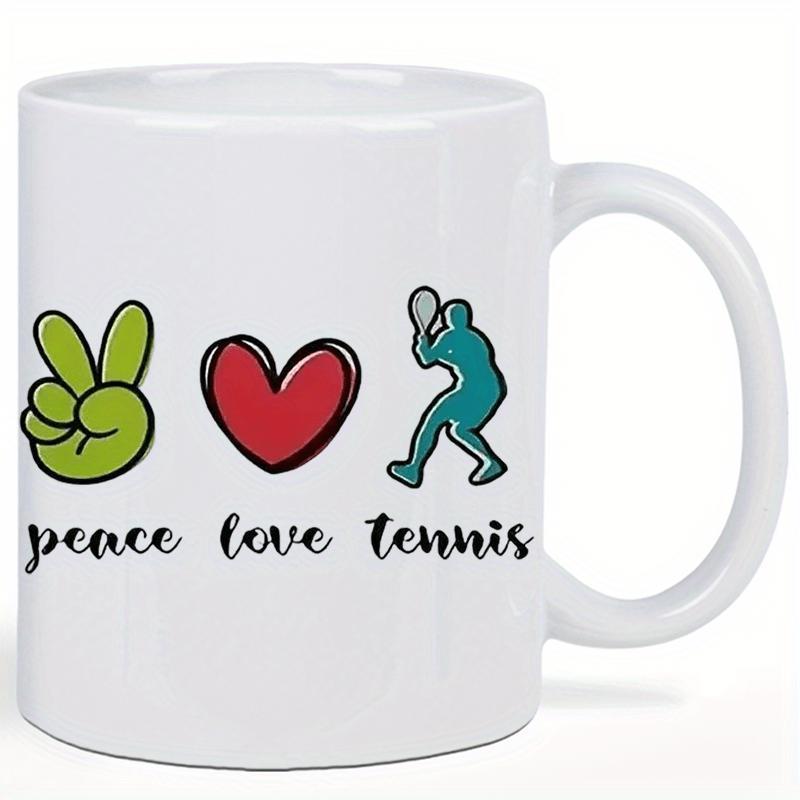 Tailorly White Ceramic 11 oz Mug - Peace Love Tennis Athletic Silhouette Holding Racket Beside A Vibrant Heart And Hand Sign Tennis