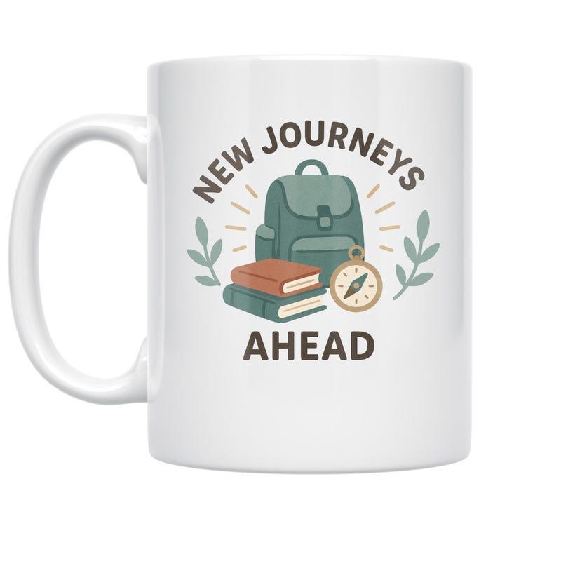 Tailorly White Ceramic 11 oz Mug - New Journeys Ahead Detailed Green Backpack With Books And Compass Among Graceful Leaves Backpack