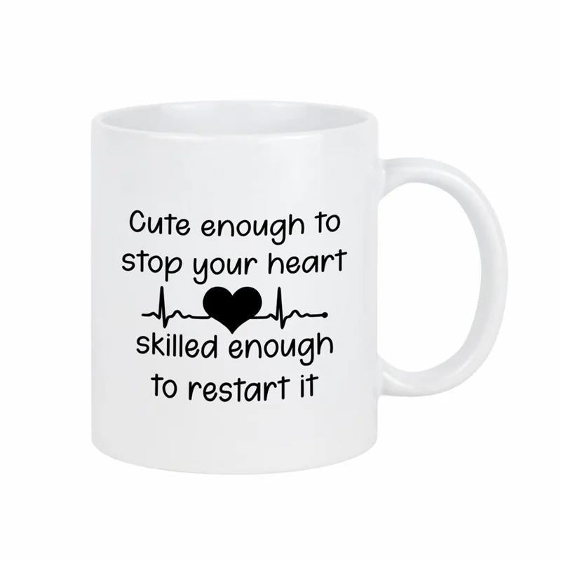 Tailorly White Ceramic 11 oz Mug - Cute Enough To Stop Your Heart Skilled Enough To Restart It Simple Black Heartbeat Line Design With A Minimalist Central Heart