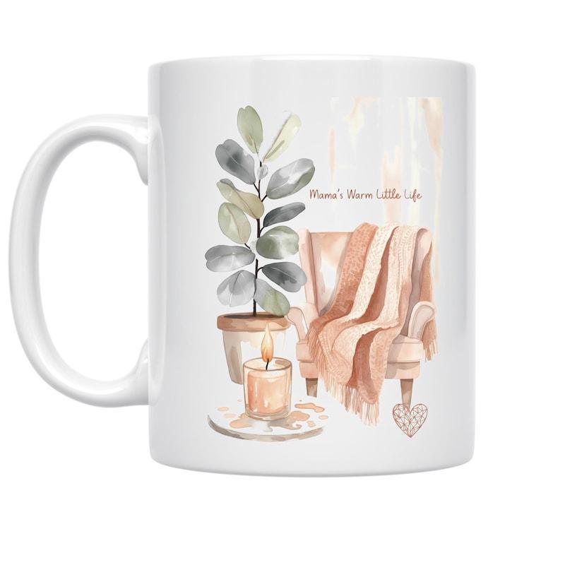 Tailorly White Ceramic 11 oz Mug - Cozy Living Room Scene With Watercolor Potted Plant And Soft Armchair