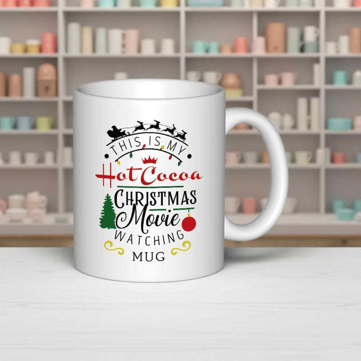Tailorly White Ceramic 11 oz Mug - This Is My Hot Cocoa Christmas Movie Watching Mug Sleigh With Reindeer Flying Above A Green Pine Tree Mug