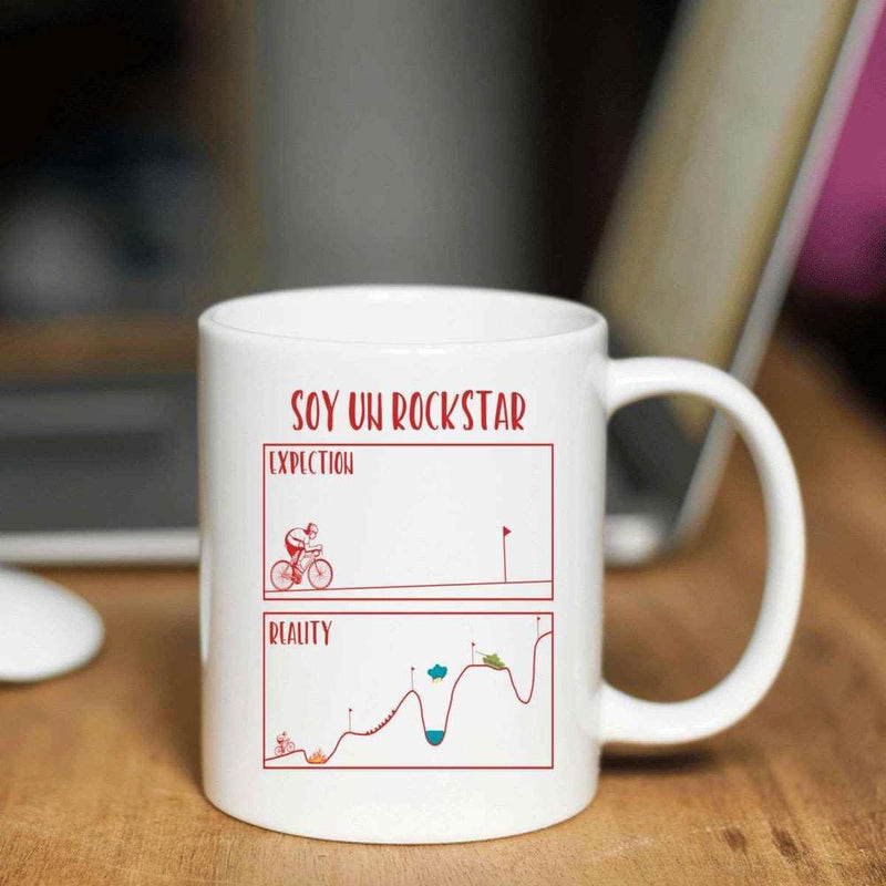 Tailorly White Ceramic 11 oz Mug - Rockstar Expectation Reality Minimalist Line Art Illustrating A Difficult Journey With A Determined Brave Cyclist
