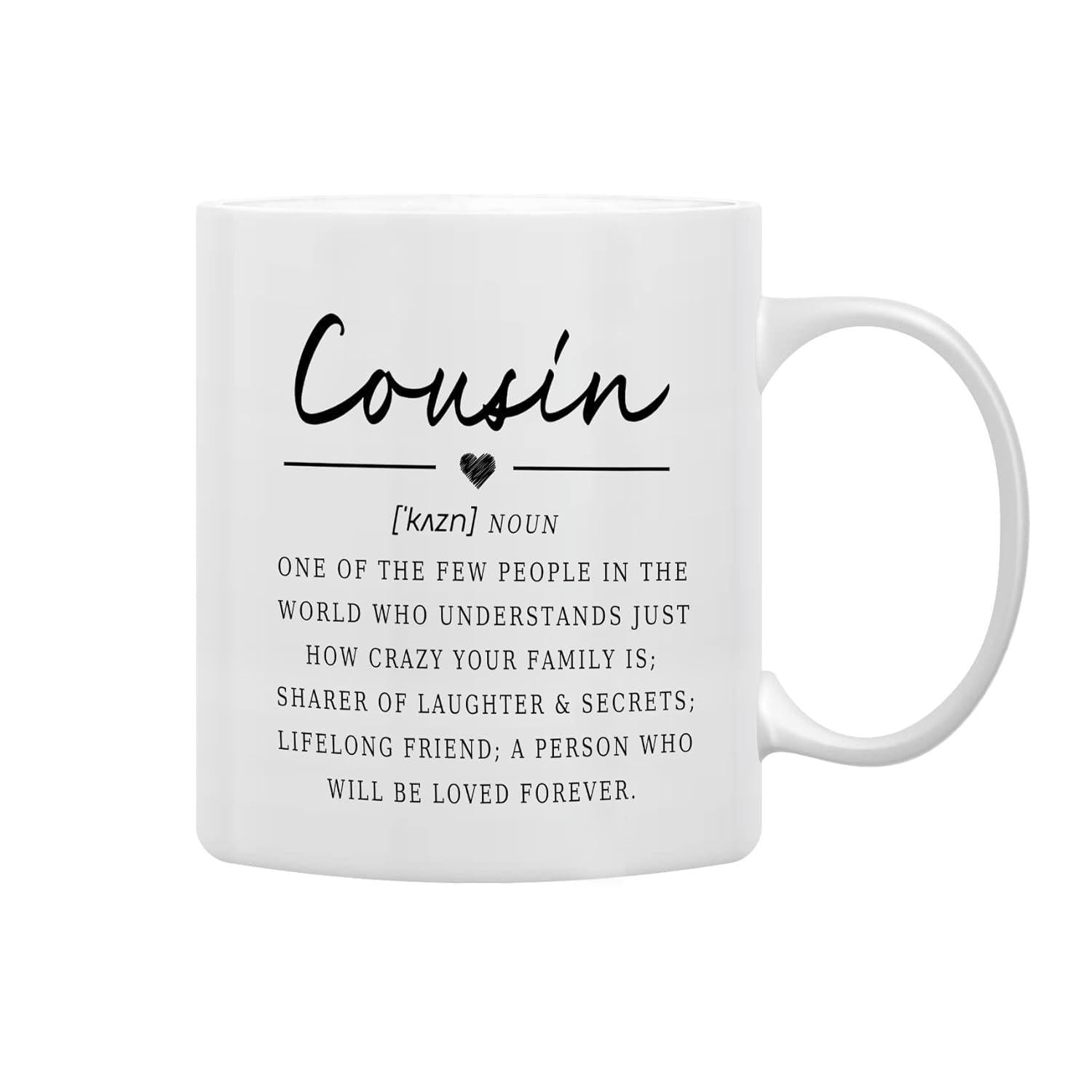 Tailorly White Ceramic 11 oz Mug - Cousin Definition Minimalist Script Text With Tiny Heart Graphic Ceramic Mug