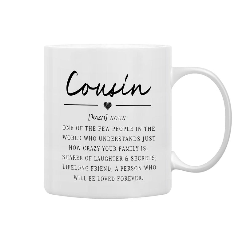 Tailorly White Ceramic 11 oz Mug - Cousin Definition Minimalist Script Text With Tiny Heart Graphic Ceramic Mug