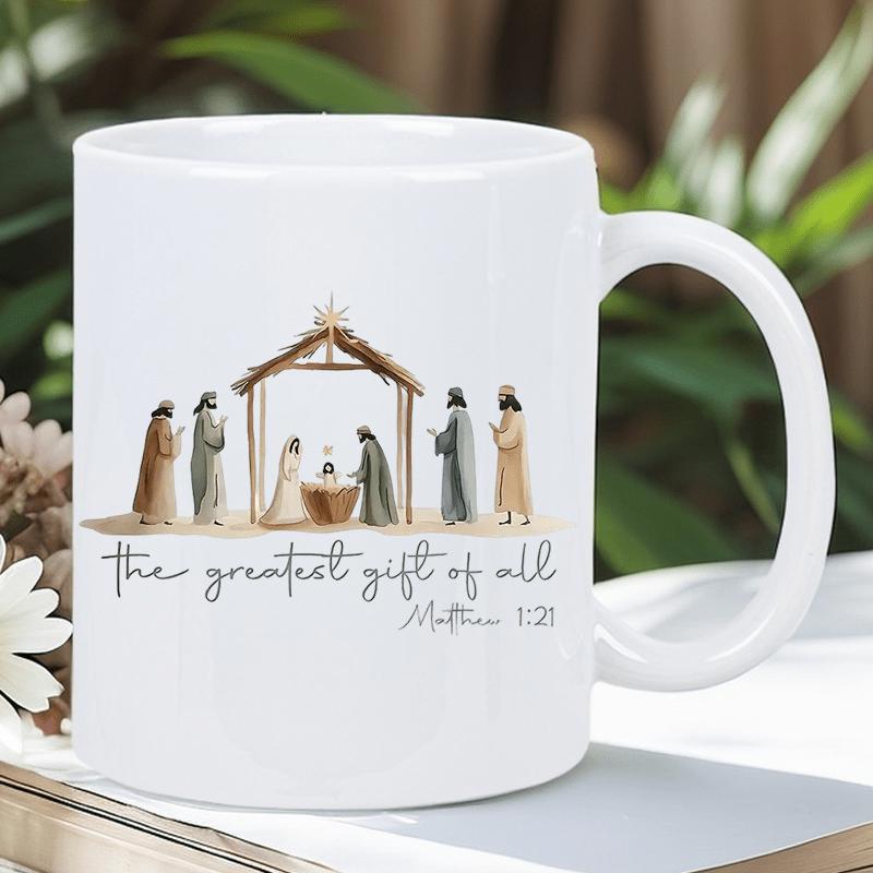 Tailorly White Ceramic 11 oz Mug - The Greatest Gift Of All Matthew 1 21 Watercolor Illustration Featuring Manger Under Starry Stable With Biblical Figures