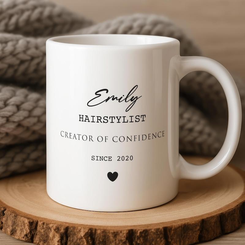 Tailorly White Ceramic 11 oz Mug - Emily Hairstylist Creator Of Confidence Since 2020 Minimalist White Ceramic With Elegant Script And Heart Under Soft Natural