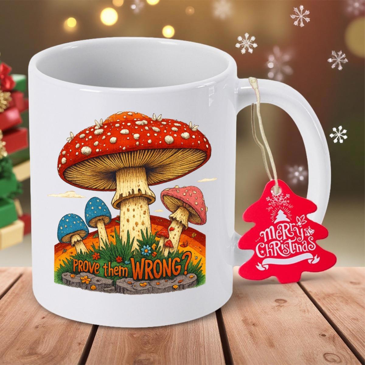 Tailorly White Ceramic 11 oz Mug - Prove Them Wrong Vibrant Forest Floor With Colorful Mushrooms Under A Radiant Rainbow Mushroom