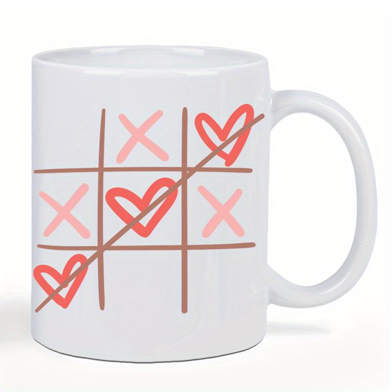 Tailorly White Ceramic 11 oz Mug - Minimalist Hand Drawn Tic Tac Toe Grid With Crosses And Red Heart