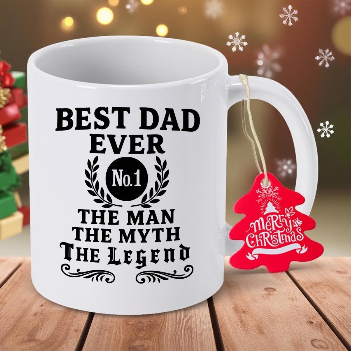 Tailorly White Ceramic 11 oz Mug - Best Dad Ever No 1 The Man The Myth The Legend Elegant Ceramic Surface Printed With Laurel Wreath Decorative Swirls Mug