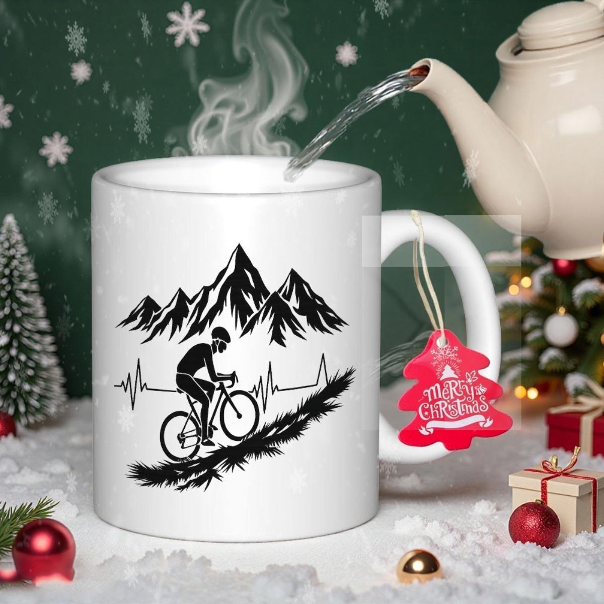 Tailorly White Ceramic 11 oz Mug - Determined Silhouette Climbing Rugged Slopes Toward Majestic Jagged Peaks Under Heartbeat Cyclist