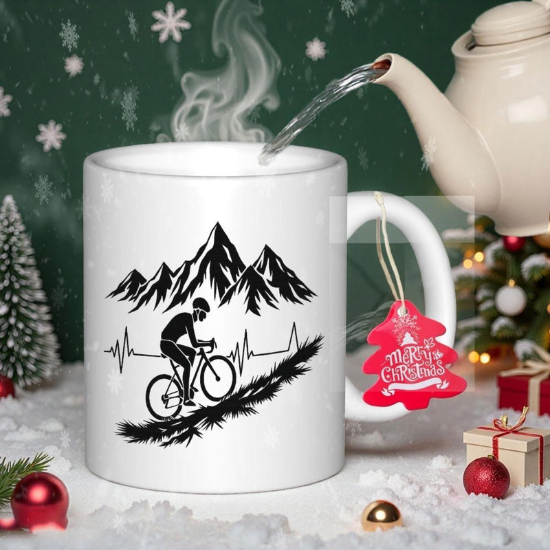 Tailorly White Ceramic 11 oz Mug - Determined Silhouette Climbing Rugged Slopes Toward Majestic Jagged Peaks Under Heartbeat Cyclist