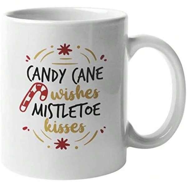 Tailorly White Ceramic 11 oz Mug - Candy Cane Wishes Mistletoe Kisses Festive Christmas Theme Featuring Candy Cane And Gold Decorative Stars Mug