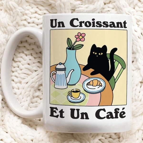 Tailorly White Ceramic 11 oz Mug - Charming Breakfast Scene With Croissants And Coffee Near A Patient Black Cat