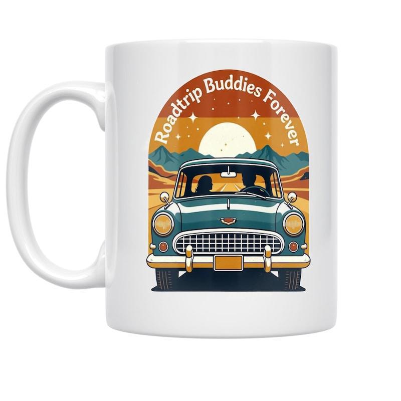 Tailorly White Ceramic 11 oz Mug - Roadtrip Buddies Forever Classic Vintage Teal Vehicle Navigating Through Scenic Mountain Sunset Car