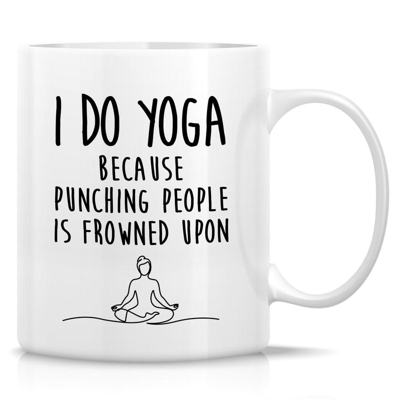 Tailorly White Ceramic 11 oz Mug - I Do Yoga Because Punching People Is Frowned Upon Minimalist Black Line Art Of Meditating Person Sitting Peacefully Mug