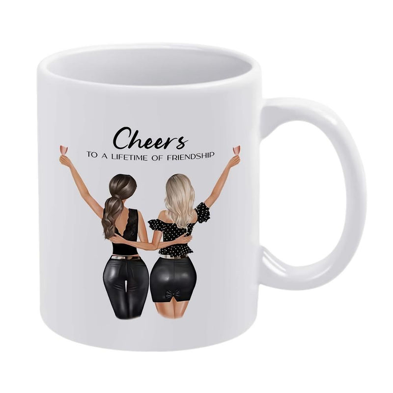 Tailorly White Ceramic 11 oz Mug - Cheers To A Lifetime Of Friendship Two Best Friends In Black Outfits Celebrating Together With Joyful Gestures Women