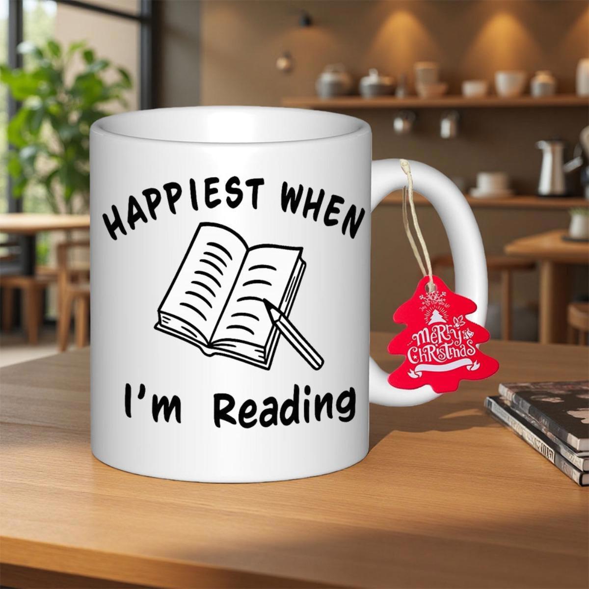Tailorly White Ceramic 11 oz Mug - Happiest When Im Reading Minimalist Hand Drawn Line Art Of An Open Notebook With A Pencil Book