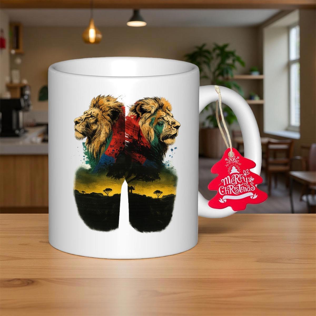 Tailorly White Ceramic 11 oz Mug - Two Wild Lions Integrating African Savannah Landscapes Under Golden Sunset Lion
