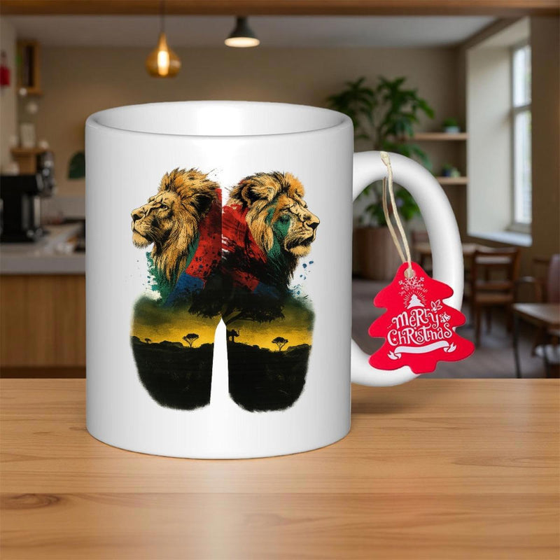 Tailorly White Ceramic 11 oz Mug - Two Wild Lions Integrating African Savannah Landscapes Under Golden Sunset Lion