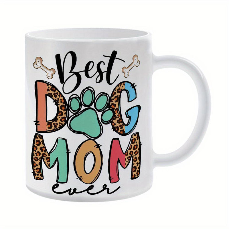Tailorly White Ceramic 11 oz Mug - Best Dog Mom Ever Leopard Print Artistic Block Letters With Small Paw And Bones Mug