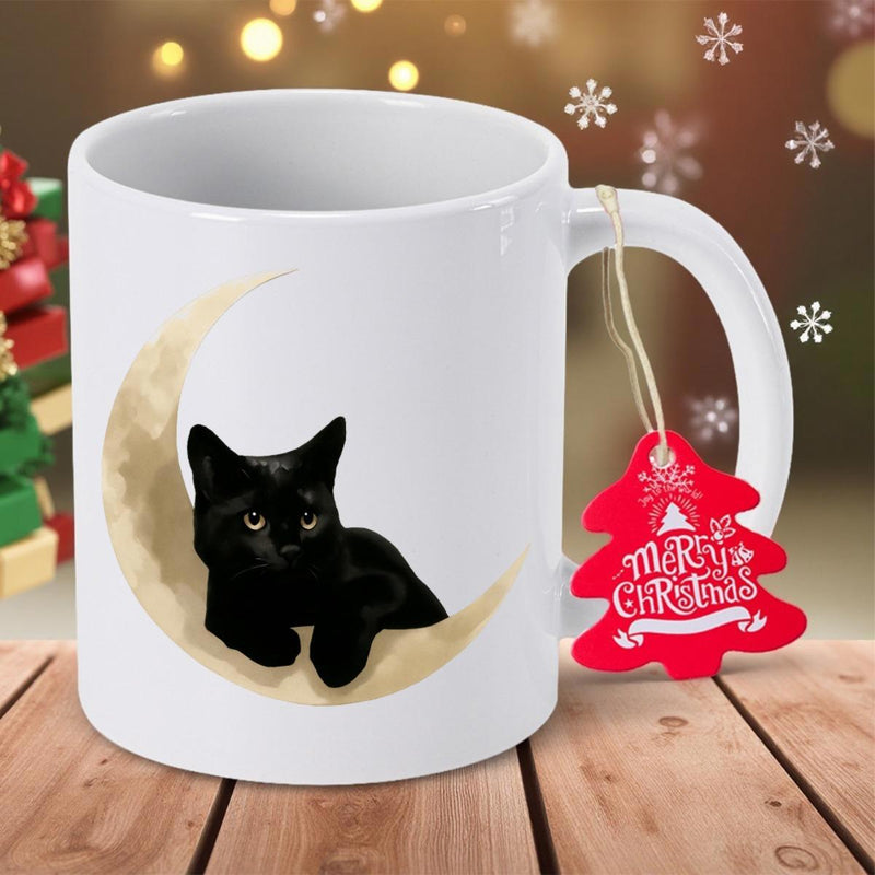 Tailorly White Ceramic 11 oz Mug - Merry Christmas Adorable Small Black Kitten Resting Peacefully On Glowing Moon Cat