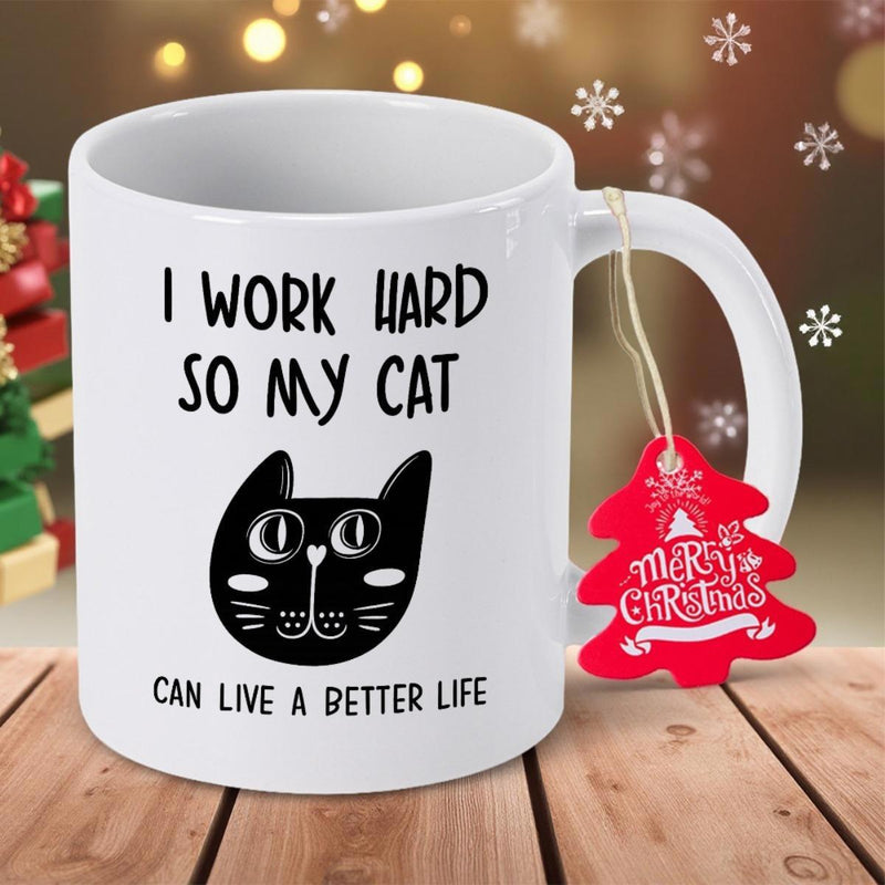 Tailorly White Ceramic 11 oz Mug - I Work Hard So My Cat Can Live A Better Life Minimalist Black Cat Face With Large Eyes And Tiny Whiskers Cat