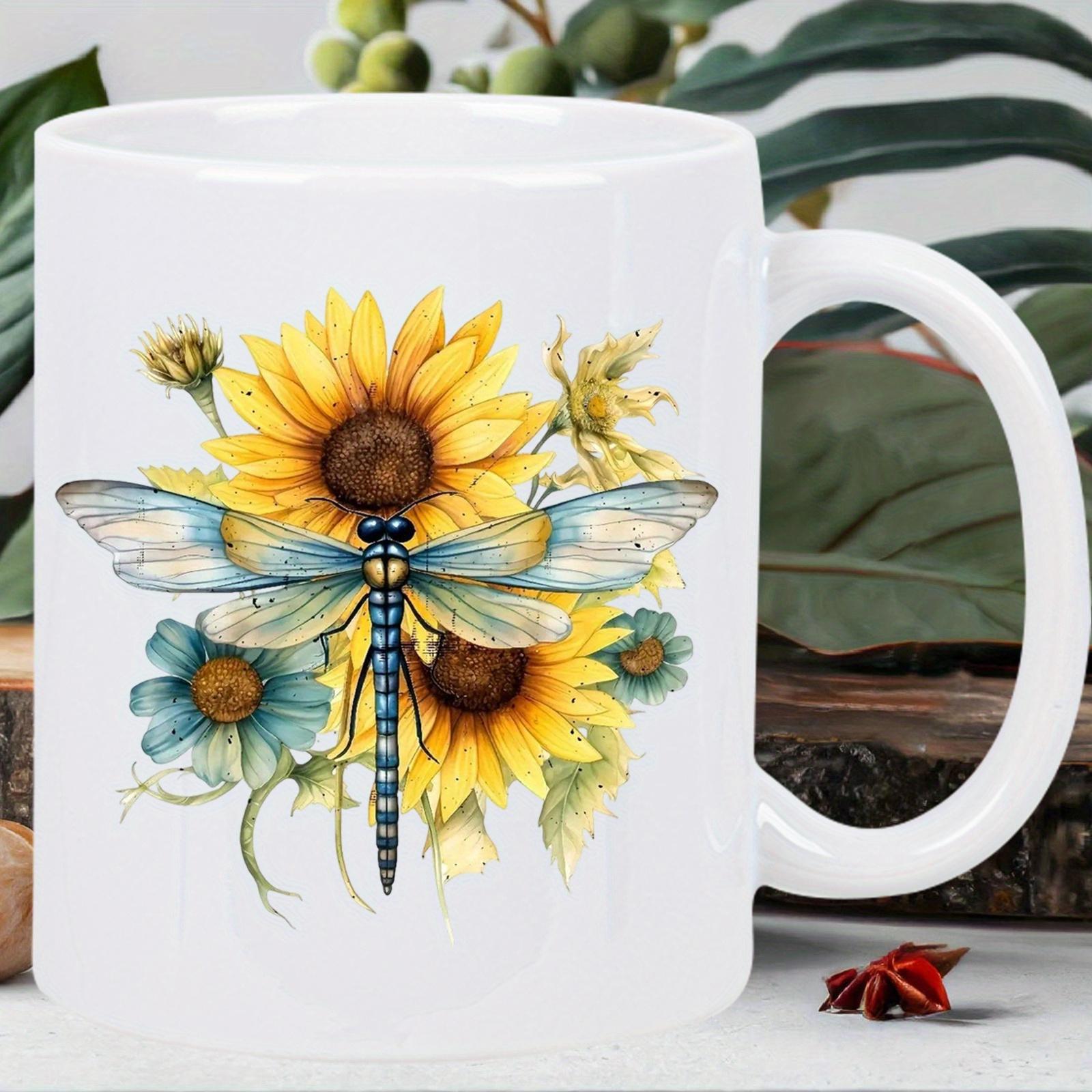 Tailorly White Ceramic 11 oz Mug - Vibrant Blue Dragonfly With Golden Sunflowers And Delicate Wildflowers Amidst Nature Dragonfly