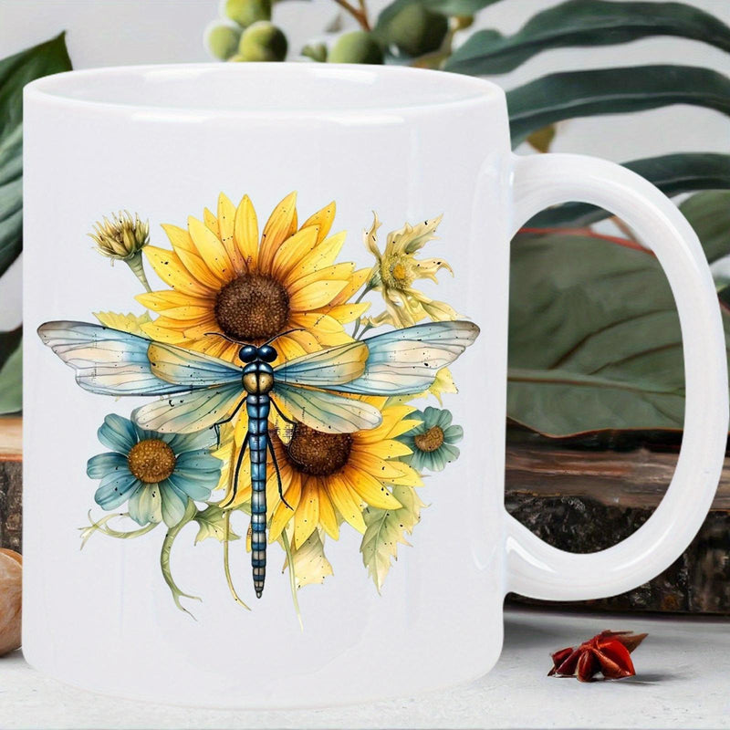 Tailorly White Ceramic 11 oz Mug - Vibrant Blue Dragonfly With Golden Sunflowers And Delicate Wildflowers Amidst Nature Dragonfly