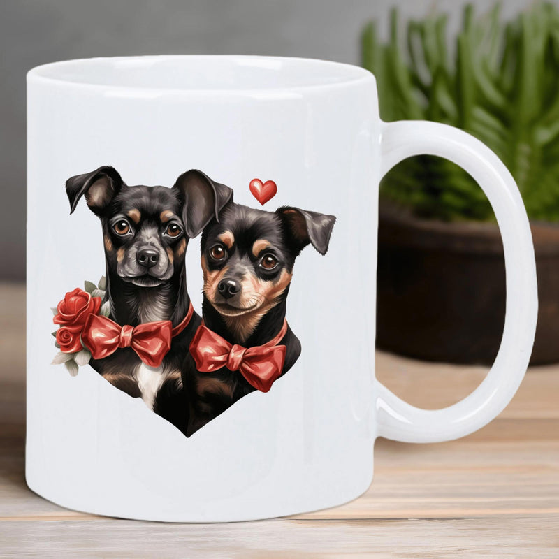 Tailorly White Ceramic 11 oz Mug - Two Loyal Puppies With Red Bowties And Blooming Roses Under Heart Dog