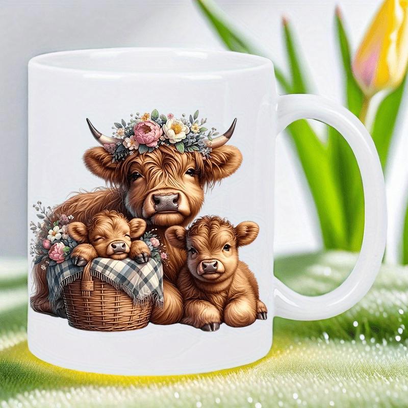 Tailorly White Ceramic 11 oz Mug - Lovely Mother Highland Wearing Flower Crown Beside Calves Resting In Basket Cow
