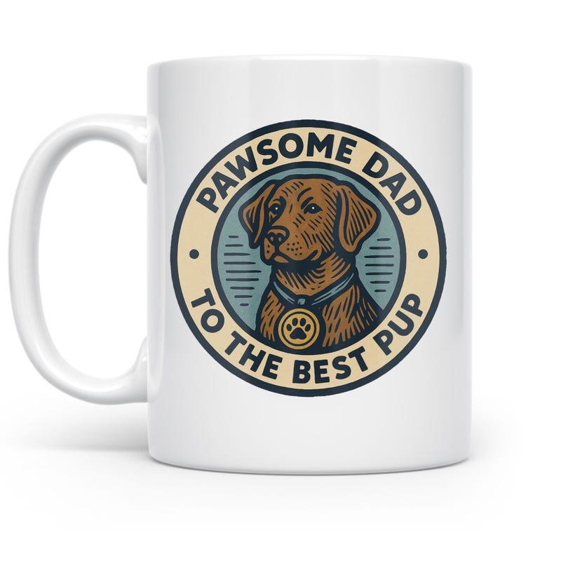 Tailorly White Ceramic 11 oz Mug - Pawsome Dad To The Best Pup Vintage Circular Badge Featuring Loyal Brown Furry Dog