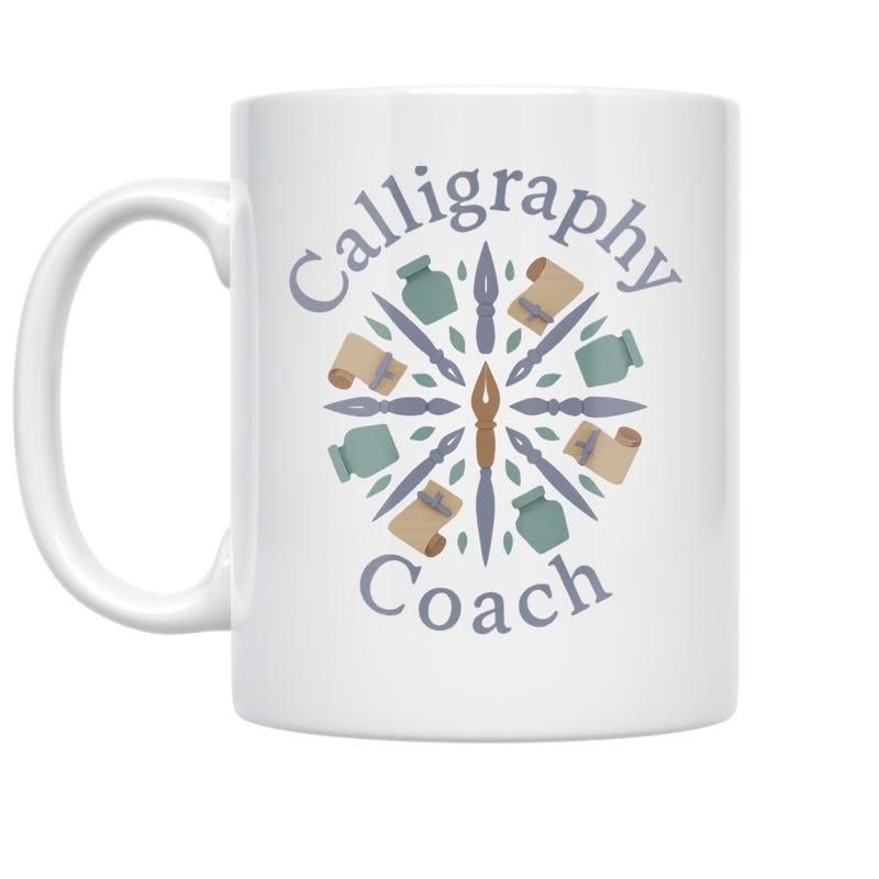 Tailorly White Ceramic 11 oz Mug - Calligraphy Coach Artistic Circular Pattern With Elegant Pens And Ink Bottles Vintage Paper Mug