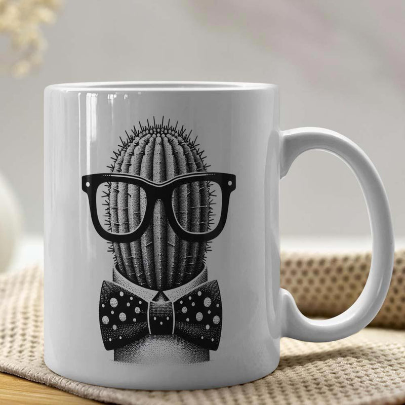 Tailorly White Ceramic 11 oz Mug - Hipster Style Wearing Thick Rimmed Glasses And Polka Dot Bowtie Cactus