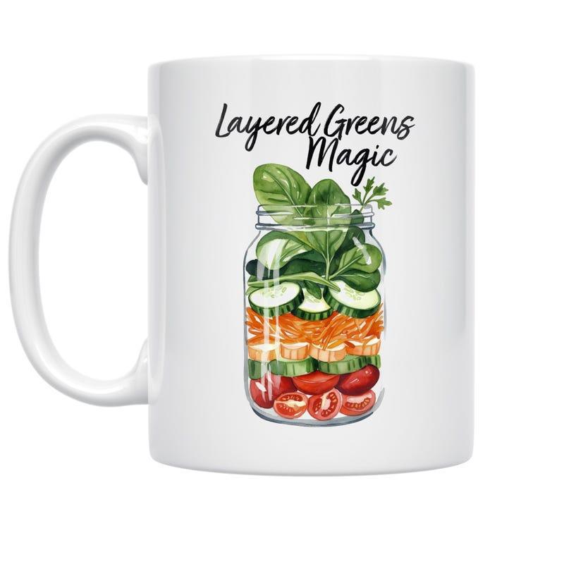 Tailorly White Ceramic 11 oz Mug - Layered Greens Magic Vividly Colored Healthy Vegetable Salad Layers Inside A Clear Glass Mason Jar