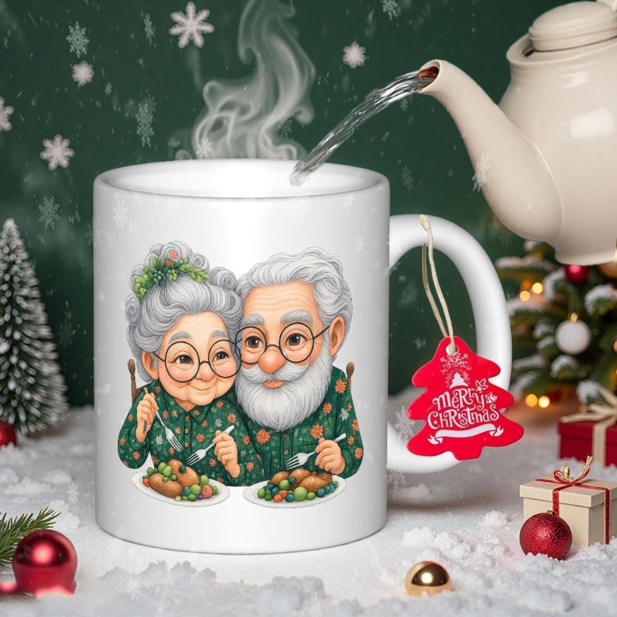 Tailorly White Ceramic 11 oz Mug - Merry Christmas Cute Elderly Couple In Pajamas Eating Festive Christmas Dinner Together Couple