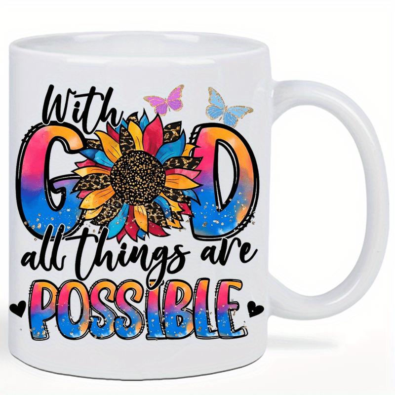 Tailorly White Ceramic 11 oz Mug - With God All Things Are Possible Vibrant Leopard Print Petals With Flying Butterflies And Hearts Sunflower