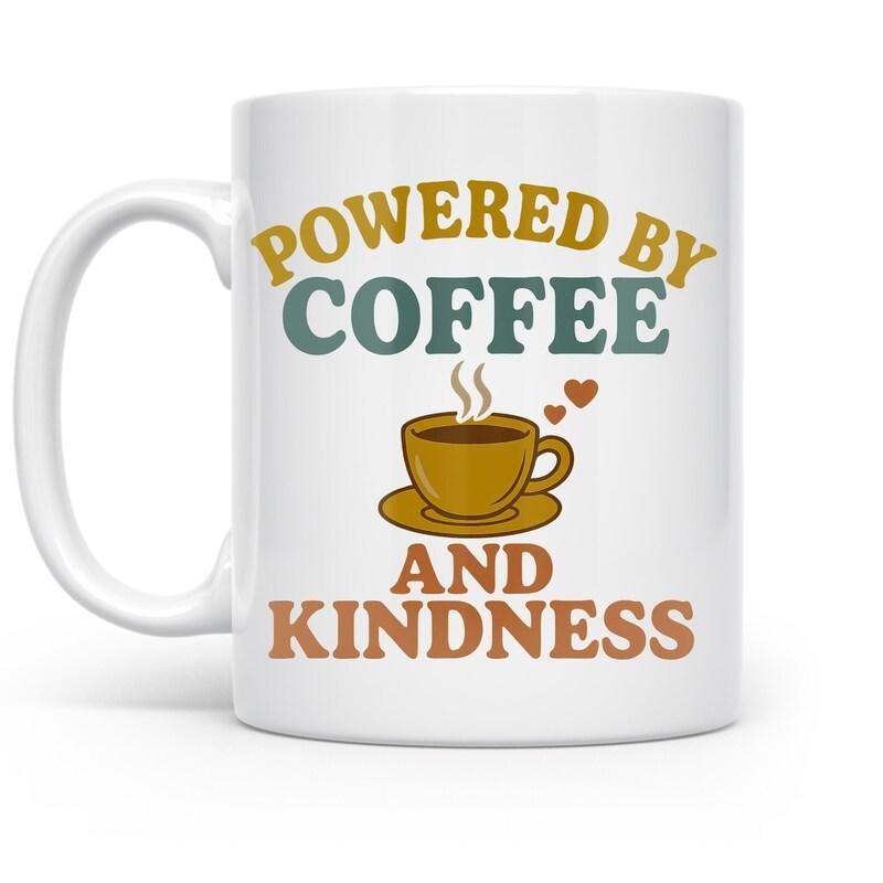 Tailorly White Ceramic 11 oz Mug - Powered By Coffee And Kindness Vintage Style Steaming Cup With Tiny Hearts In Earthy Tones Mug