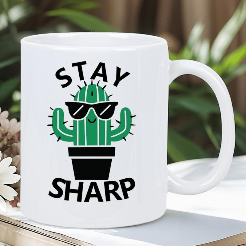 Tailorly White Ceramic 11 oz Mug - Stay Sharp Smiling Cartoon Green Plant Wearing Black Sunglasses Inside A Simple Pot Cactus