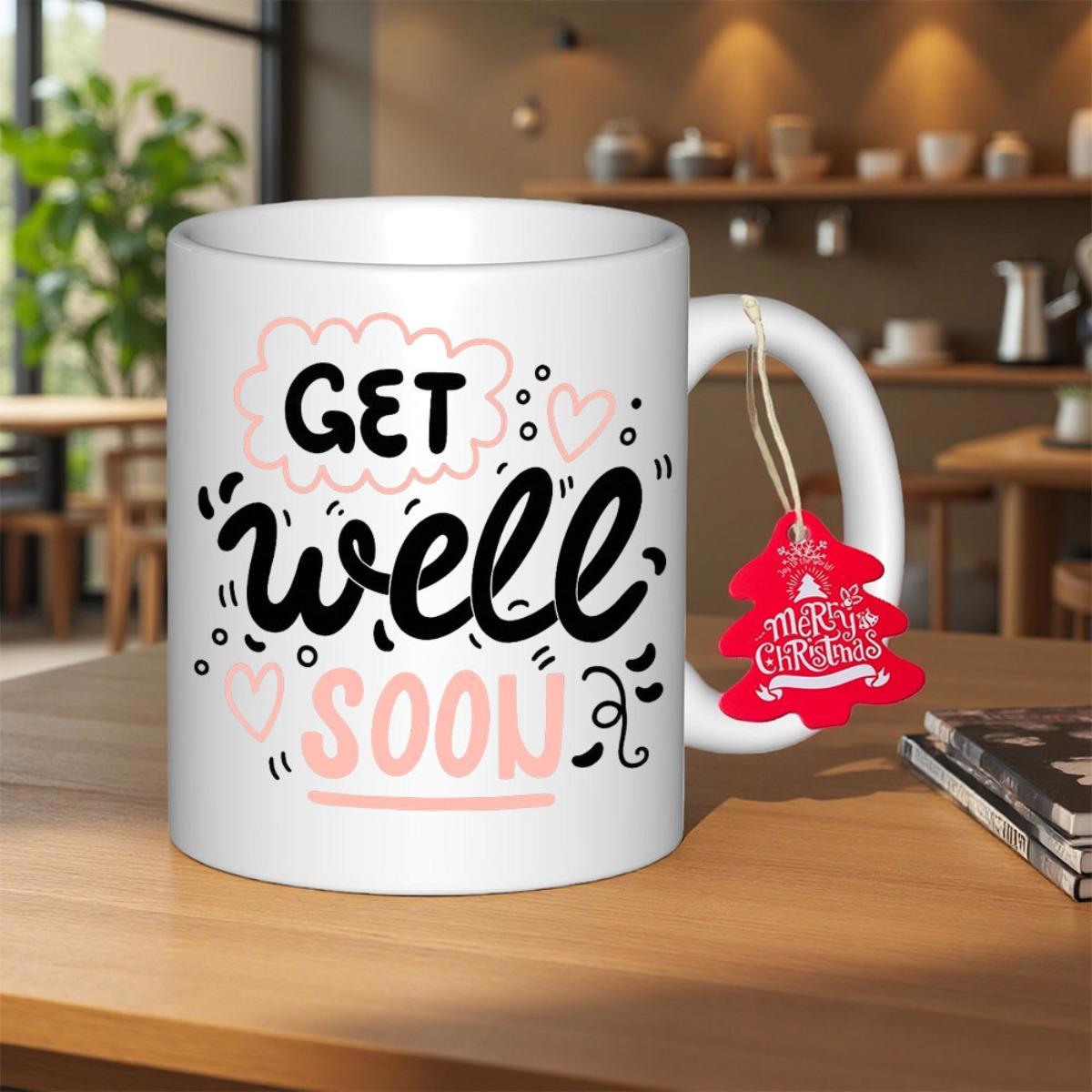 Tailorly White Ceramic 11 oz Mug - Get Well Soon Pink Clouds And Sweet Hearts On A Polished Ceramic Mug