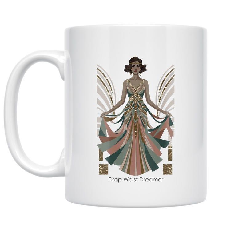 Tailorly White Ceramic 11 oz Mug - Drop Waist Dreamer Elegant Art Deco Lady Wearing A Patterned Vintage Style Gown Woman