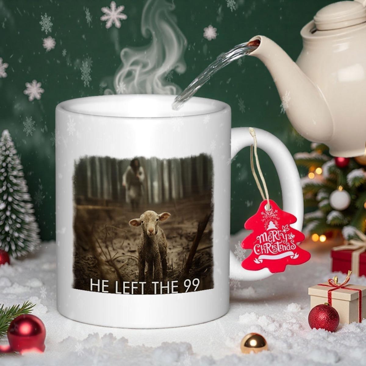 Tailorly White Ceramic 11 oz Mug - He Left The 99 Serene Shepherd Standing In The Deep Woods Guiding A Small Lamb