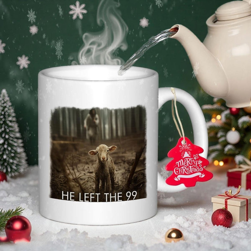 Tailorly White Ceramic 11 oz Mug - He Left The 99 Serene Shepherd Standing In The Deep Woods Guiding A Small Lamb