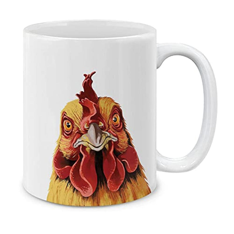 Tailorly White Ceramic 11 oz Mug - Artistic Rustic Farm Animal Looking Forward Detailed Hand Painted Chicken