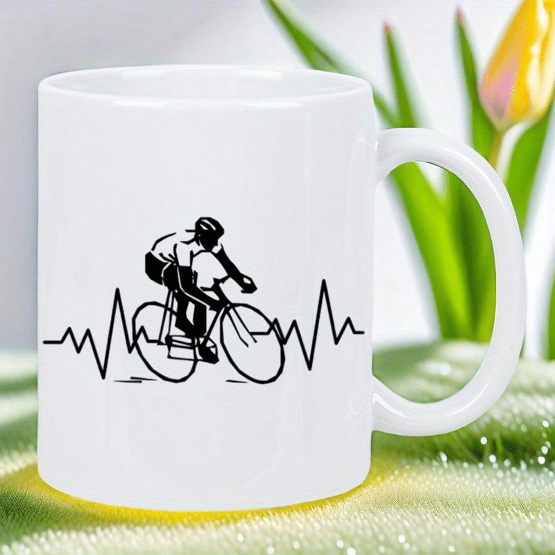 Tailorly White Ceramic 11 oz Mug - Dynamic Silhouette Of A Cyclist Riding Among A Heartbeat Pulse Line Cyclist