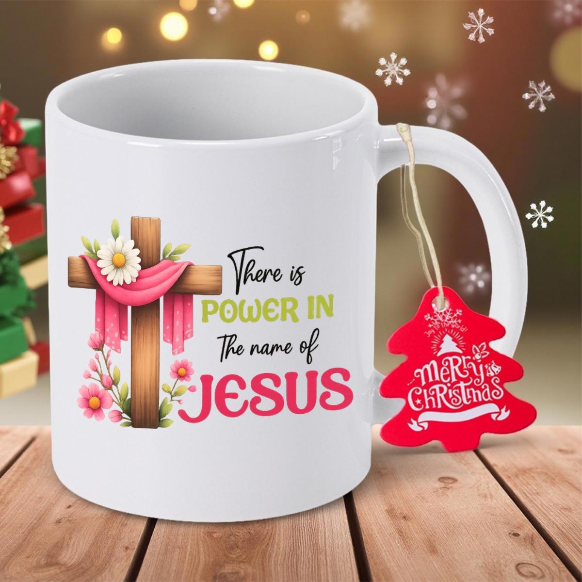 Tailorly White Ceramic 11 oz Mug - There Is Power In The Name Of Jesus Sacred Wooden Cross Draped In Pink Fabric Among Spring Blossoms Cross
