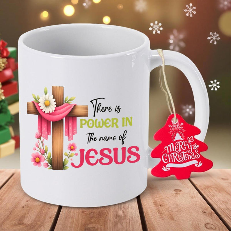 Tailorly White Ceramic 11 oz Mug - There Is Power In The Name Of Jesus Sacred Wooden Cross Draped In Pink Fabric Among Spring Blossoms Cross
