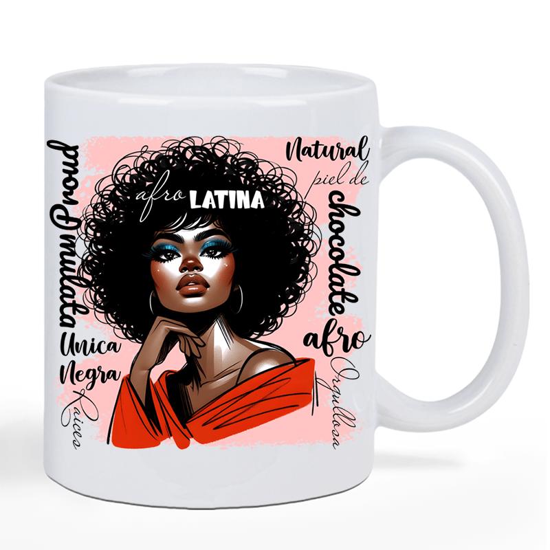 Tailorly White Ceramic 11 oz Mug - Afro Latina Proud Natural Chocolate Afro Beautiful Strong Woman With Afro Hairstyle Wearing Bright Red Stylish Shirt Woman