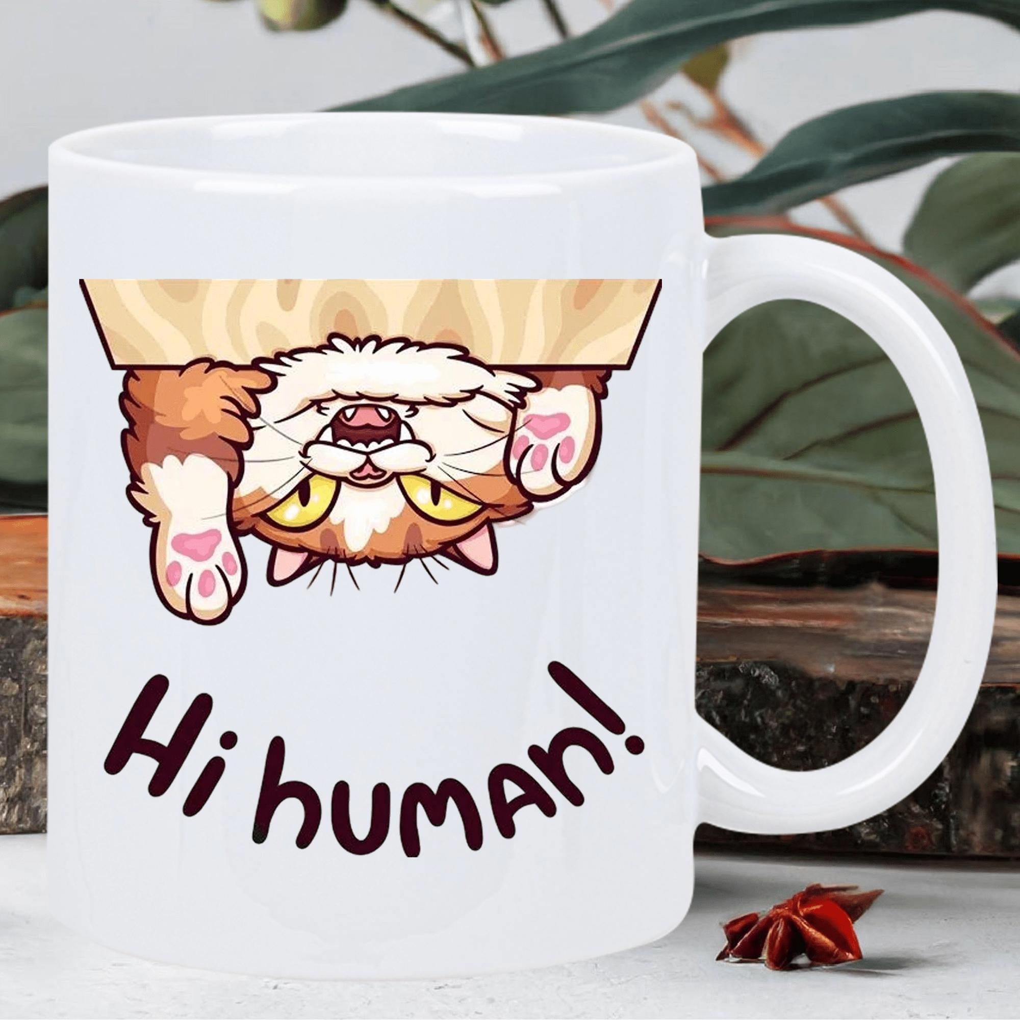 Tailorly White Ceramic 11 oz Mug - Hi Human Playful Upside Down Orange Kitten Hanging Over Wooden Board With Cute Paws Cat