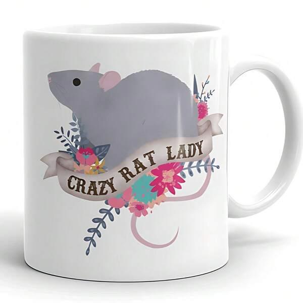 Tailorly White Ceramic 11 oz Mug - Crazy Rat Lady Adorable Gray Pet Surrounded By Blooming Pink Flowers And Vintage Banner Rat
