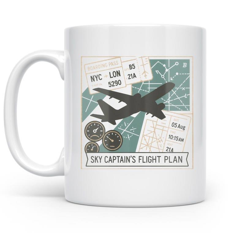 Tailorly White Ceramic 11 oz Mug - Sky Captains Flight Plan Vintage Aviation Travel Theme Featuring Boarding Passes And Flight Maps Airplane